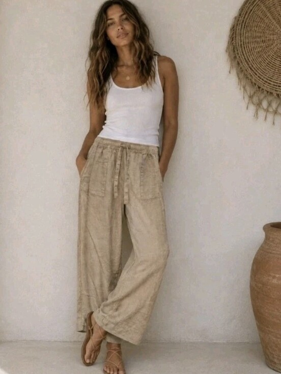 Joie Pants - Joie 100% Linen Wide Leg Drawstring Pants Tan Beige Beachy Boho Coastal Size L